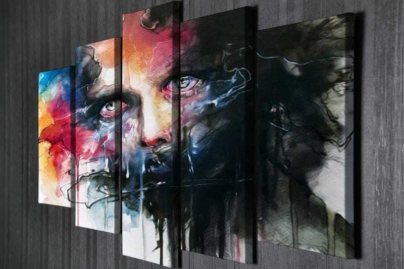 Stor Canvastavla i 5 delar 105x70 cm - Intensivt porträtt med dramatiska färger och uttrycksfulla drag - Svart / Röd / Blå - Inredning - Tavlor & konst - Canvastavlor