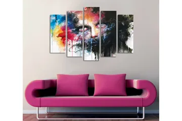 Stor Canvastavla i 5 delar 105x70 cm - Intensivt porträtt med dramatiska färger och uttrycksfulla drag - Svart / Röd / Blå - Inredning - Tavlor & konst - Canvastavlor