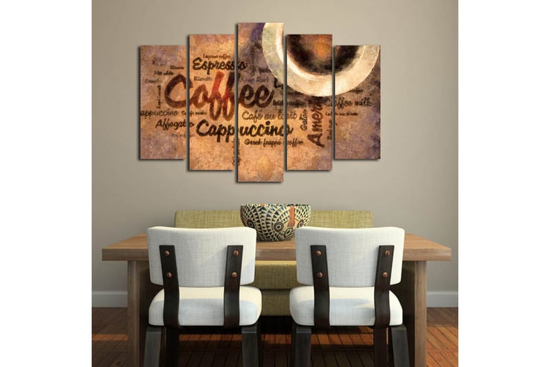 Stor Canvastavla i 5 delar 105x70 cm - Kaffeinspirerat konstverk med text och kaffekoppar - Brun / Beige / Svart - Inredning - Tavlor & konst - Canvastavlor