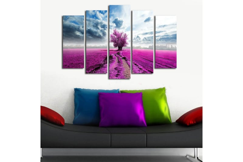Stor Canvastavla i 5 delar 105x70 cm - Lila blomsterfält med ett ensamt träd - Lila / Blå / Grå - Inredning - Tavlor & konst - Canvastavlor