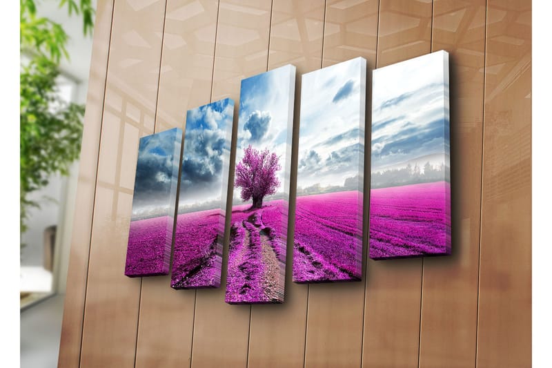 Stor Canvastavla i 5 delar 105x70 cm - Lila blomsterfält med ett ensamt träd - Lila / Blå / Grå - Inredning - Tavlor & konst - Canvastavlor