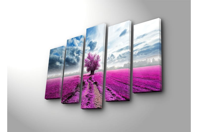 Stor Canvastavla i 5 delar 105x70 cm - Lila blomsterfält med ett ensamt träd - Lila / Blå / Grå - Inredning - Tavlor & konst - Canvastavlor