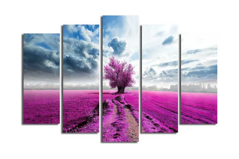Stor Canvastavla i 5 delar 105x70 cm - Lila blomsterfält med ett ensamt träd - Lila / Blå / Grå - Inredning - Tavlor & konst - Canvastavlor