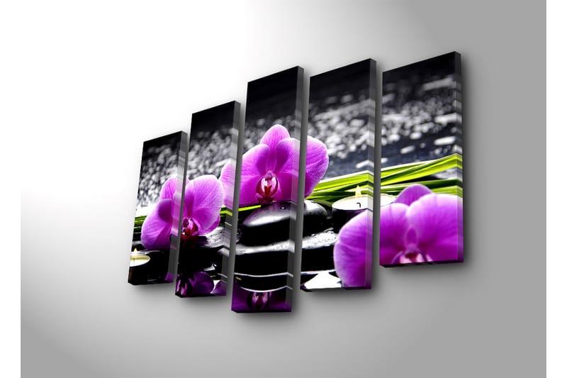 Stor Canvastavla i 5 delar 105x70 cm - Lila orkidéer på svarta stenar med reflektioner i vatten - Lila / Svart / Grön - Inredning - Tavlor & konst - Canvastavlor