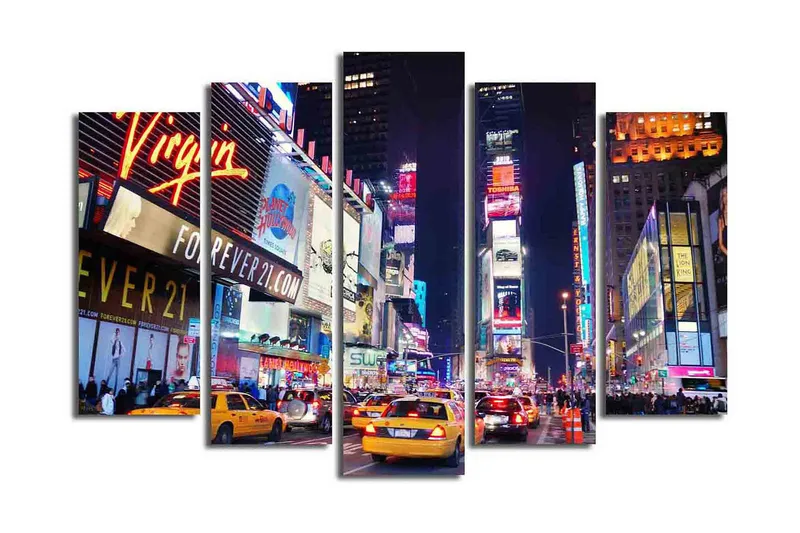 Stor Canvastavla i 5 delar 105x70 cm - Livlig stadsbild av Times Square med neonskyltar och trafik - Gult / Blått / Rött - Inredning - Tavlor & konst - Canvastavlor