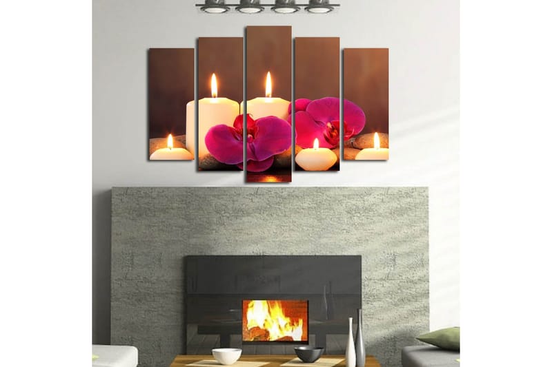 Stor Canvastavla i 5 delar 105x70 cm - Lugnande komposition med tända ljus och orkidéer - Vit / Rosa / Grå - Inredning - Tavlor & konst - Canvastavlor