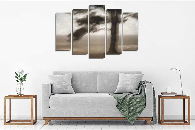 Stor Canvastavla i 5 delar 105x70 cm - Mörk silhuett av ett träd mot en dimmig bakgrund - Svart / Grå / Vit - Inredning - Tavlor & konst - Canvastavlor