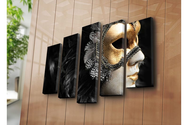 Stor Canvastavla i 5 delar 105x70 cm - Mask med detaljer i guld och svart fjäderdräkt - Guld / Svart - Inredning - Tavlor & konst - Canvastavlor