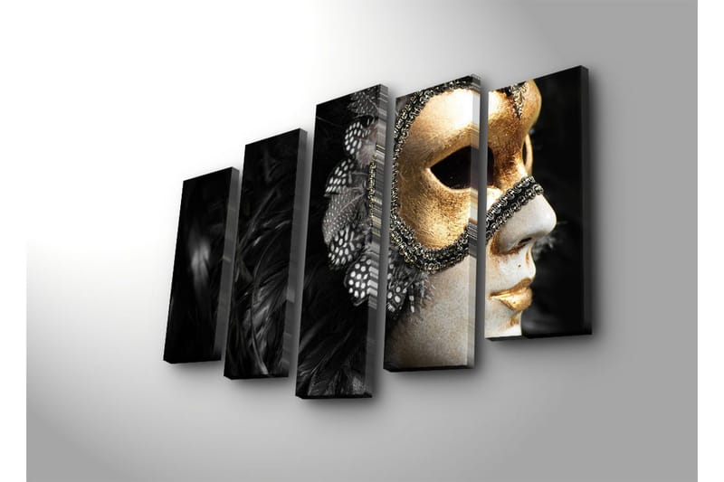 Stor Canvastavla i 5 delar 105x70 cm - Mask med detaljer i guld och svart fjäderdräkt - Guld / Svart - Inredning - Tavlor & konst - Canvastavlor