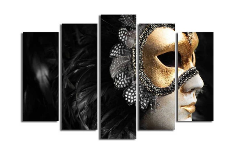 Stor Canvastavla i 5 delar 105x70 cm - Mask med detaljer i guld och svart fjäderdräkt - Guld / Svart - Inredning - Tavlor & konst - Canvastavlor