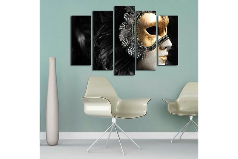 Stor Canvastavla i 5 delar 105x70 cm - Mask med detaljer i guld och svart fjäderdräkt - Guld / Svart - Inredning - Tavlor & konst - Canvastavlor