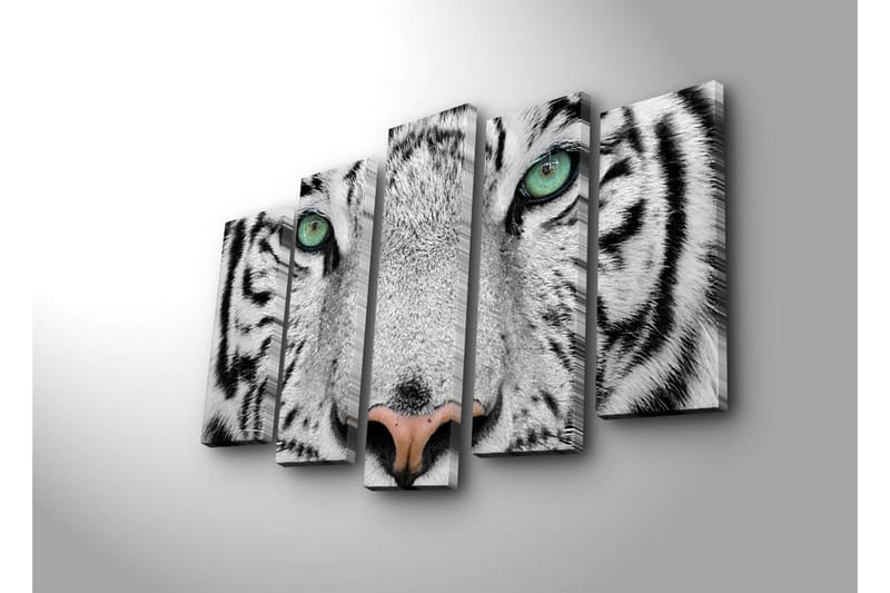 Stor Canvastavla i 5 delar 105x70 cm - Närbild av en vit tiger med intensiva ögon - Vit / Svart / Grön - Inredning - Tavlor & konst - Canvastavlor