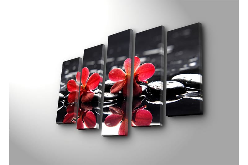 Stor Canvastavla i 5 delar 105x70 cm - Röda blommor på svarta stenar i vatten - Röd / Svart - Inredning - Tavlor & konst - Canvastavlor