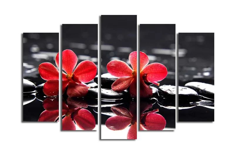 Stor Canvastavla i 5 delar 105x70 cm - Röda blommor på svarta stenar i vatten - Röd / Svart - Inredning - Tavlor & konst - Canvastavlor