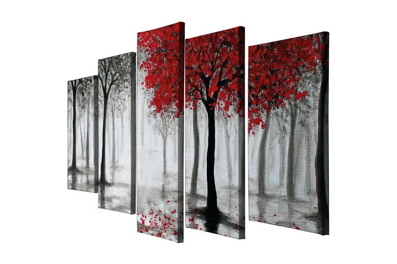 Stor Canvastavla i 5 delar 105x70 cm - Rödskiftande träd i en dimmig skogsmiljö, Röd / Svart / Grå