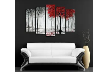 Stor Canvastavla i 5 delar 105x70 cm - Rödskiftande träd i en dimmig skogsmiljö - Röd / Svart / Grå - Inredning - Tavlor & konst - Canvastavlor