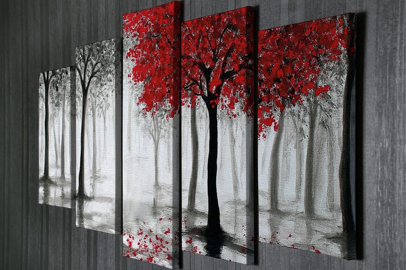 Stor Canvastavla i 5 delar 105x70 cm - Rödskiftande träd i en dimmig skogsmiljö - Röd / Svart / Grå - Inredning - Tavlor & konst - Canvastavlor