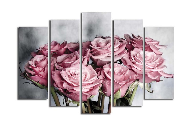 Stor Canvastavla i 5 delar 105x70 cm - Rosa rosor med droppar av vatten - Rosa / Grön / Vit - Inredning - Tavlor & konst - Canvastavlor