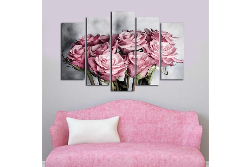 Stor Canvastavla i 5 delar 105x70 cm - Rosa rosor med droppar av vatten - Rosa / Grön / Vit - Inredning - Tavlor & konst - Canvastavlor