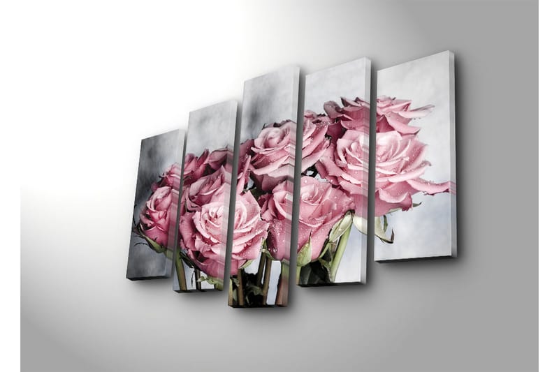 Stor Canvastavla i 5 delar 105x70 cm - Rosa rosor med droppar av vatten - Rosa / Grön / Vit - Inredning - Tavlor & konst - Canvastavlor