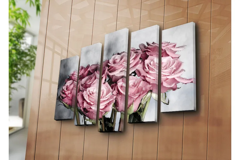 Stor Canvastavla i 5 delar 105x70 cm - Rosa rosor med droppar av vatten - Rosa / Grön / Vit - Inredning - Tavlor & konst - Canvastavlor