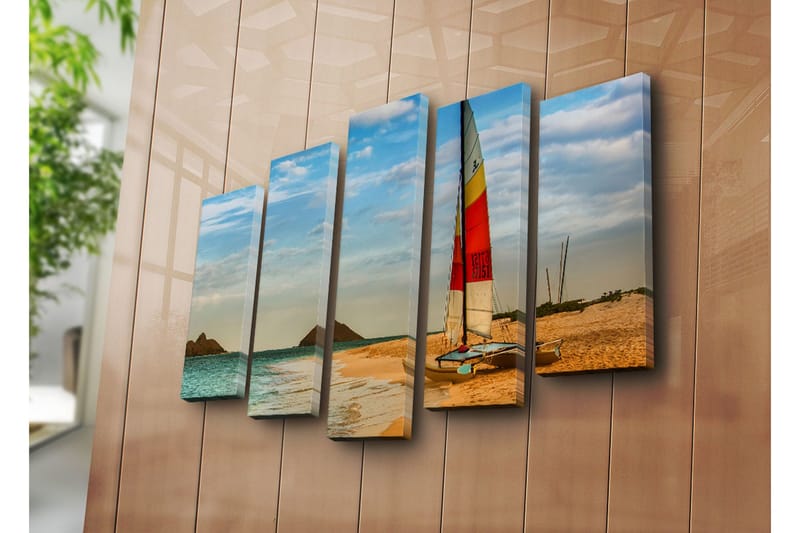 Stor Canvastavla i 5 delar 105x70 cm - Segelbåt vid en strand med klara vatten och sanddyner - Blå / Orange / Gul - Inredning - Tavlor & konst - Canvastavlor