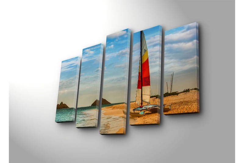 Stor Canvastavla i 5 delar 105x70 cm - Segelbåt vid en strand med klara vatten och sanddyner - Blå / Orange / Gul - Inredning - Tavlor & konst - Canvastavlor