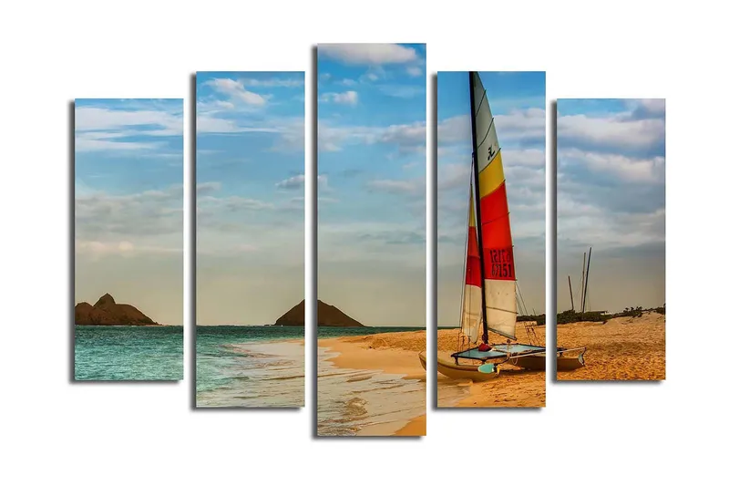 Stor Canvastavla i 5 delar 105x70 cm - Segelbåt vid en strand med klara vatten och sanddyner - Blå / Orange / Gul - Inredning - Tavlor & konst - Canvastavlor