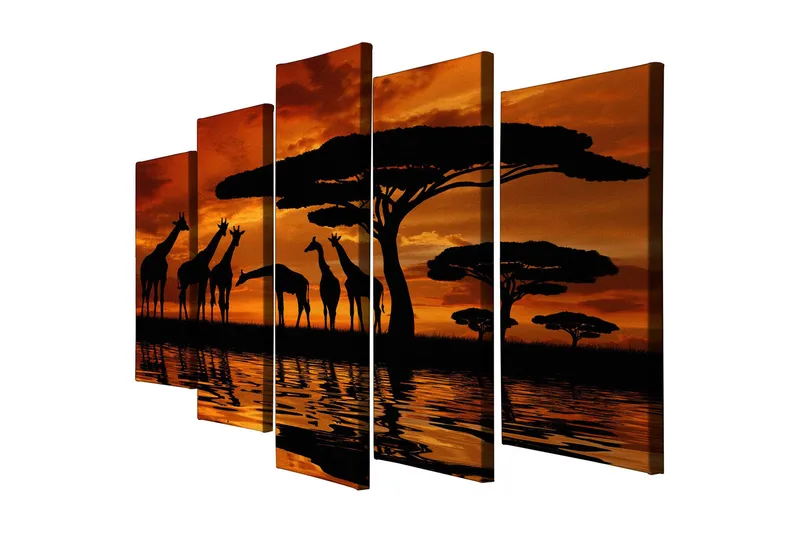 Stor Canvastavla i 5 delar 105x70 cm - Silhuetter av giraffer vid en solnedgång över savannen - Orange / Svart - Inredning - Tavlor & konst - Canvastavlor