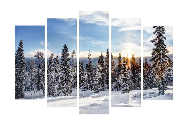 Stor Canvastavla i 5 delar 105x70 cm - Snöklädda granar i en vinterlandskap med soluppgång - Vit / Blå / Grön - Inredning - Tavlor & konst - Canvastavlor