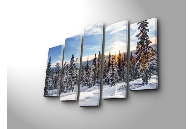 Stor Canvastavla i 5 delar 105x70 cm - Snöklädda granar i en vinterlandskap med soluppgång - Vit / Blå / Grön - Inredning - Tavlor & konst - Canvastavlor