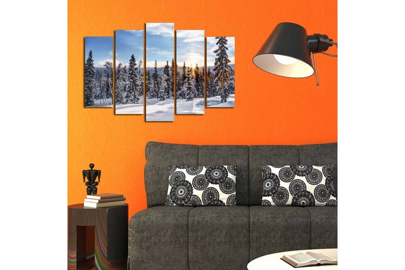 Stor Canvastavla i 5 delar 105x70 cm - Snöklädda granar i en vinterlandskap med soluppgång - Vit / Blå / Grön - Inredning - Tavlor & konst - Canvastavlor