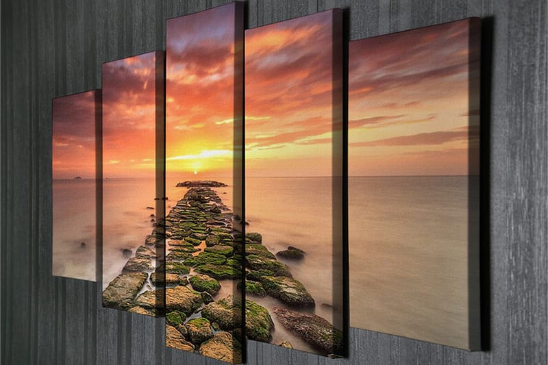 Stor Canvastavla i 5 delar 105x70 cm - Solnedgång över en stenig brygga - Orange / Grön / Blå - Inredning - Tavlor & konst - Canvastavlor