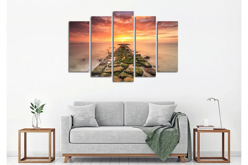 Stor Canvastavla i 5 delar 105x70 cm - Solnedgång över en stenig brygga - Orange / Grön / Blå - Inredning - Tavlor & konst - Canvastavlor