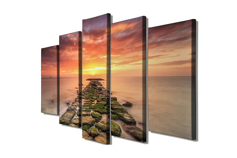 Stor Canvastavla i 5 delar 105x70 cm - Solnedgång över en stenig brygga - Orange / Grön / Blå - Inredning - Tavlor & konst - Canvastavlor