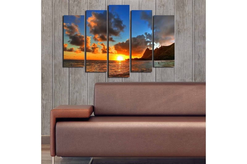 Stor Canvastavla i 5 delar 105x70 cm - Solnedgång över havet med dramatiska molnformationer - Orange / Blå / Grå - Inredning - Tavlor & konst - Canvastavlor