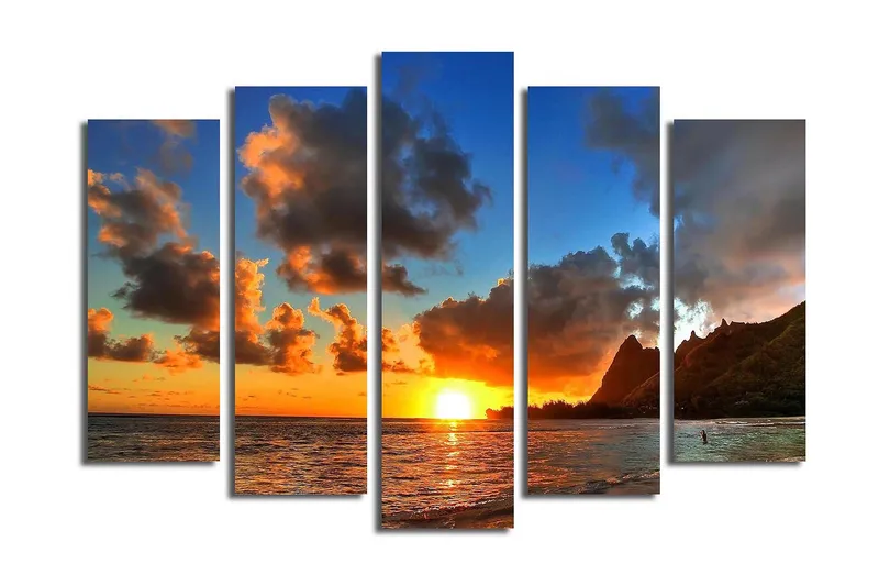 Stor Canvastavla i 5 delar 105x70 cm - Solnedgång över havet med dramatiska molnformationer - Orange / Blå / Grå - Inredning - Tavlor & konst - Canvastavlor