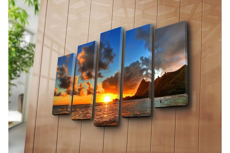 Stor Canvastavla i 5 delar 105x70 cm - Solnedgång över havet med dramatiska molnformationer - Orange / Blå / Grå - Inredning - Tavlor & konst - Canvastavlor