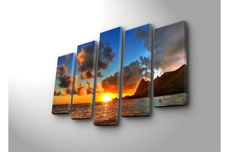 Stor Canvastavla i 5 delar 105x70 cm - Solnedgång över havet med dramatiska molnformationer - Orange / Blå / Grå - Inredning - Tavlor & konst - Canvastavlor