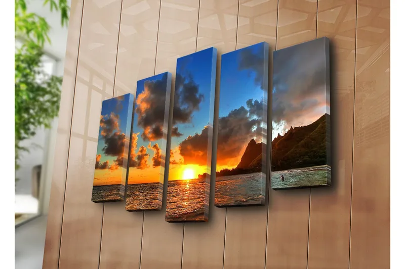 Stor Canvastavla i 5 delar 105x70 cm - Solnedgång över havet med dramatiska molnformationer - Orange / Blå / Grå - Inredning - Tavlor & konst - Canvastavlor