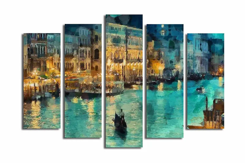 Stor Canvastavla i 5 delar 105x70 cm - Stämningsfull vy av en kanal med gondoler i kvällsbelysning - Turkos / Guld / Mörkblå - Inredning - Tavlor & konst - Canvastavlor