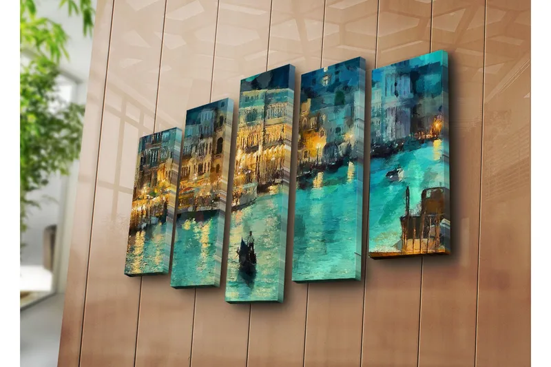 Stor Canvastavla i 5 delar 105x70 cm - Stämningsfull vy av en kanal med gondoler i kvällsbelysning - Turkos / Guld / Mörkblå - Inredning - Tavlor & konst - Canvastavlor