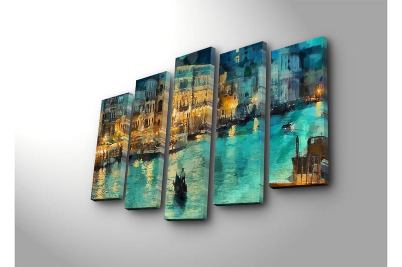 Stor Canvastavla i 5 delar 105x70 cm - Stämningsfull vy av en kanal med gondoler i kvällsbelysning - Turkos / Guld / Mörkblå - Inredning - Tavlor & konst - Canvastavlor