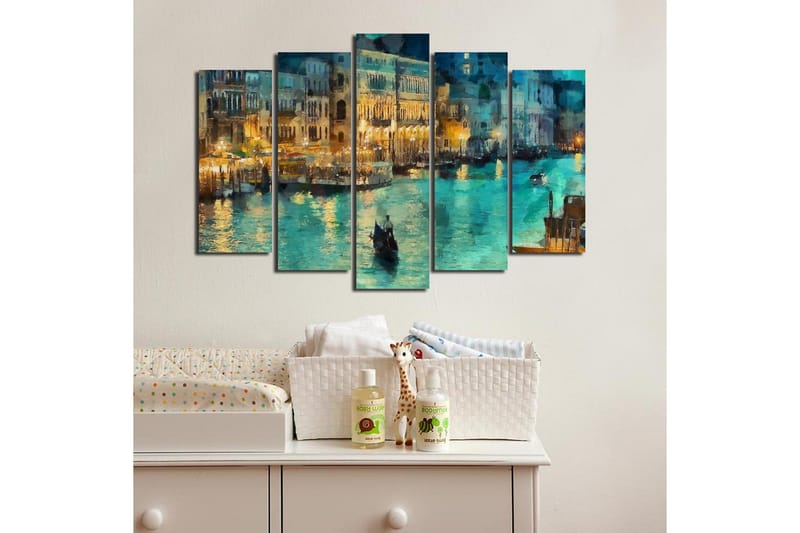 Stor Canvastavla i 5 delar 105x70 cm - Stämningsfull vy av en kanal med gondoler i kvällsbelysning - Turkos / Guld / Mörkblå - Inredning - Tavlor & konst - Canvastavlor