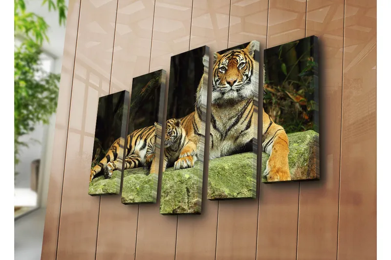 Stor Canvastavla i 5 delar 105x70 cm - Stolt tiger med unge som vilar på en sten - Orange / Svart / Beige - Inredning - Tavlor & konst - Canvastavlor