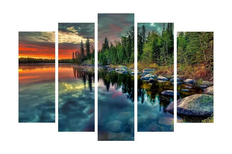 Stor Canvastavla i 5 delar 105x70 cm - Storslagen sjölandskap med spegelblanka vattenytor och omgivande skog - Grön / Orange / Blå - Inredning - Tavlor & konst - Canvastavlor