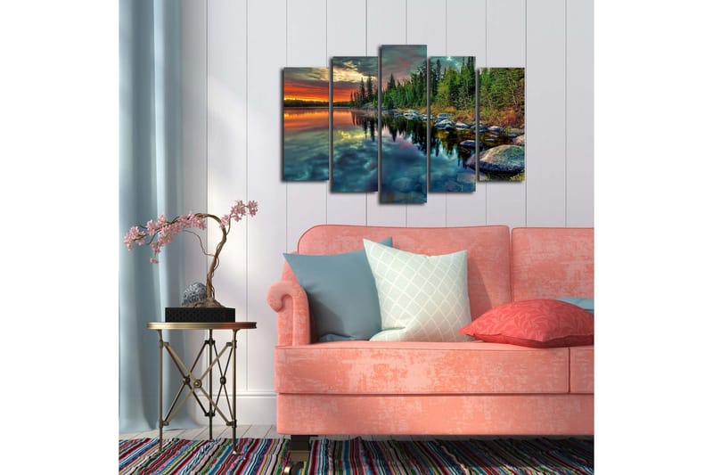 Stor Canvastavla i 5 delar 105x70 cm - Storslagen sjölandskap med spegelblanka vattenytor och omgivande skog - Grön / Orange / Blå - Inredning - Tavlor & konst - Canvastavlor
