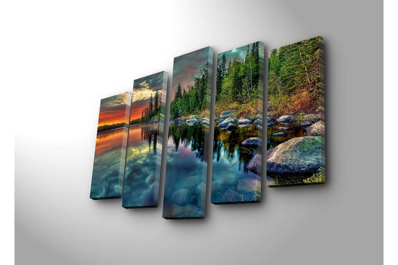 Stor Canvastavla i 5 delar 105x70 cm - Storslagen sjölandskap med spegelblanka vattenytor och omgivande skog - Grön / Orange / Blå - Inredning - Tavlor & konst - Canvastavlor