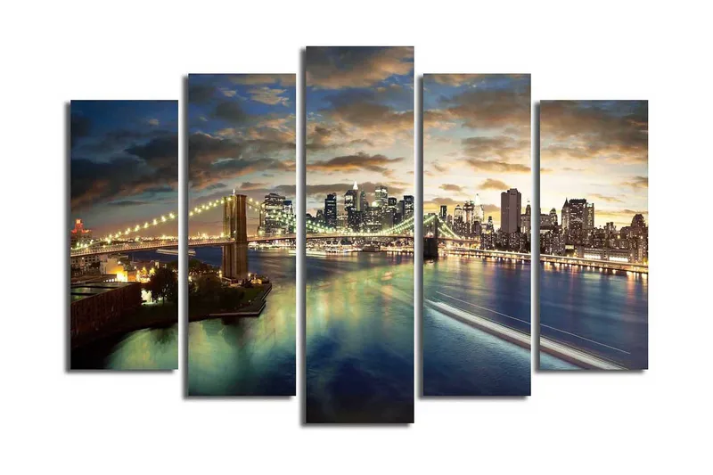 Stor Canvastavla i 5 delar 105x70 cm - Storslagen stadsbild med bron och skyskrapor vid skymningstid - Blå / Guld / Grå - Inredning - Tavlor & konst - Canvastavlor