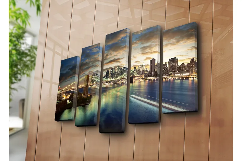 Stor Canvastavla i 5 delar 105x70 cm - Storslagen stadsbild med bron och skyskrapor vid skymningstid - Blå / Guld / Grå - Inredning - Tavlor & konst - Canvastavlor